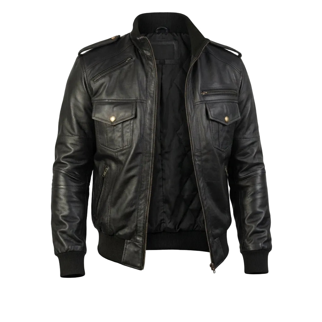 Shadow Black Leather Bomber Jacket