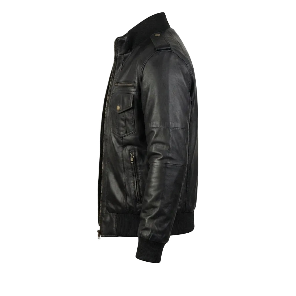 Shadow Black Leather Bomber Jacket