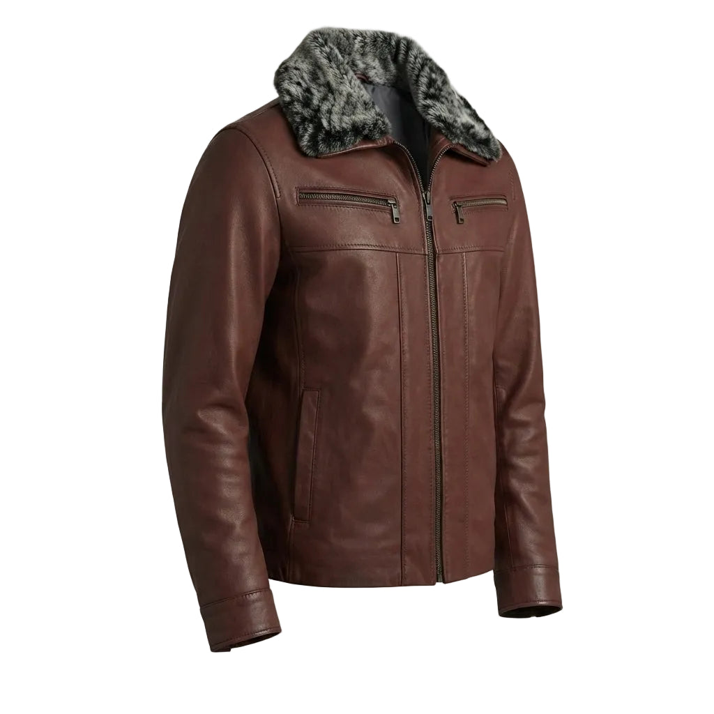 Brown Fur Collar Leather Jacket