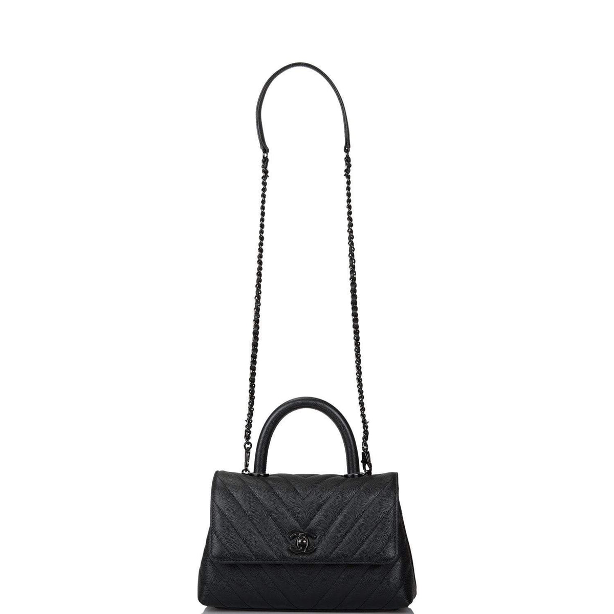 Chanel SO Black Chevron Caviar Mini Coco Handle Flap Bag Black Hardware