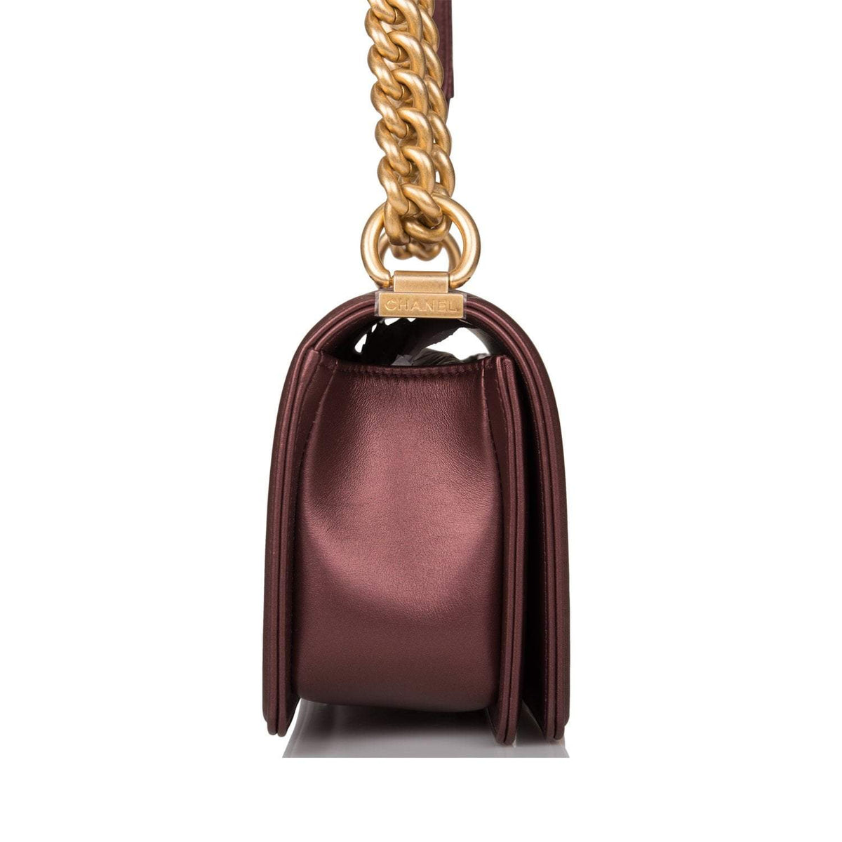 Chanel Plum Metallic Quilted Calfskin Small Boy Bag Antique Gold Hardware