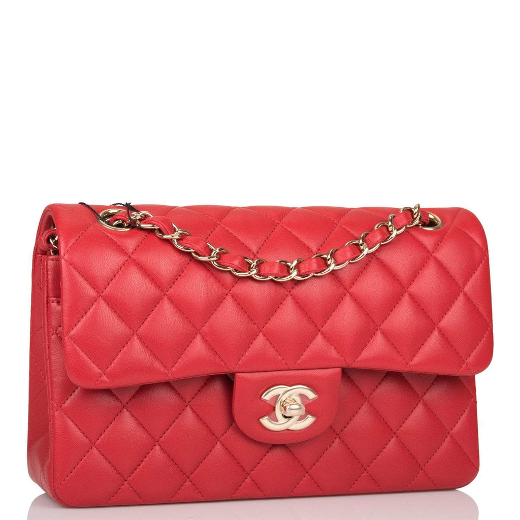 Chanel Red Quilted Lambskin Small Classic Double Flap Bag Light Gold Hardware