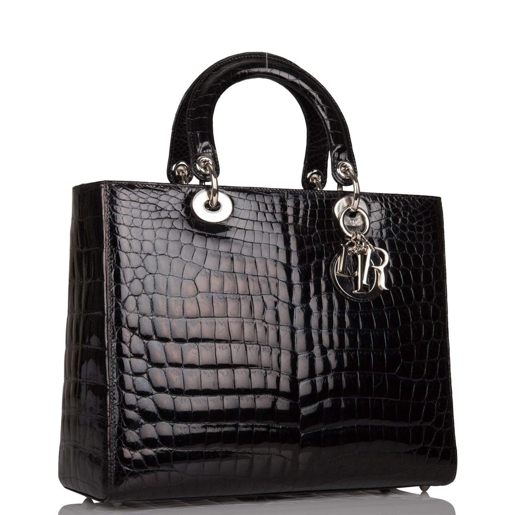 Christian Dior Black Large Lady Dior Crocodile Tote Silver Hardware