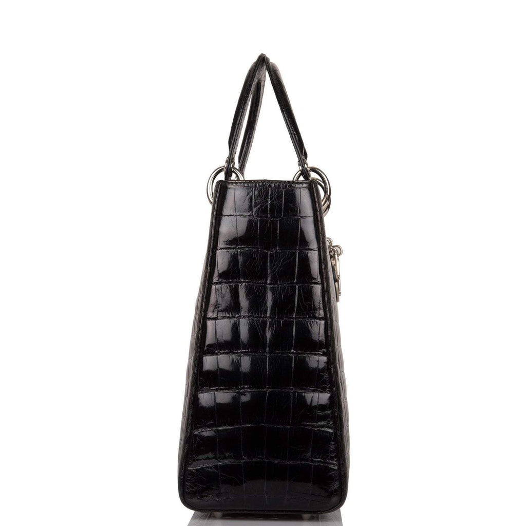 Christian Dior Black Large Lady Dior Crocodile Tote Silver Hardware