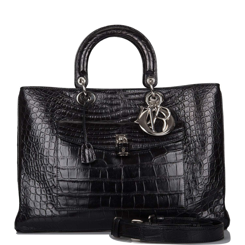 Christian Dior Black Diorissimo Pocket Matte Alligator Tote Silver Hardware