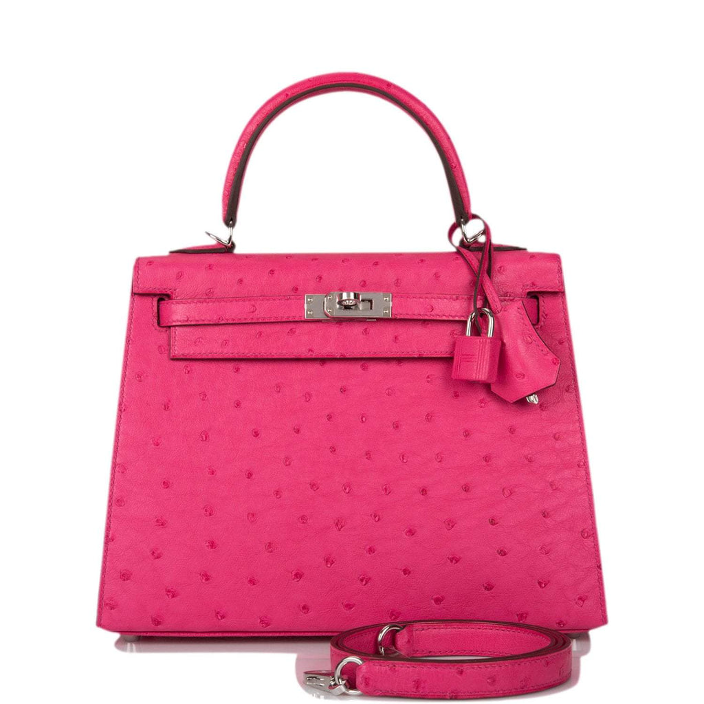 Hermes Rose Tyrien Ostrich Sellier Kelly 25cm Palladium Hardware