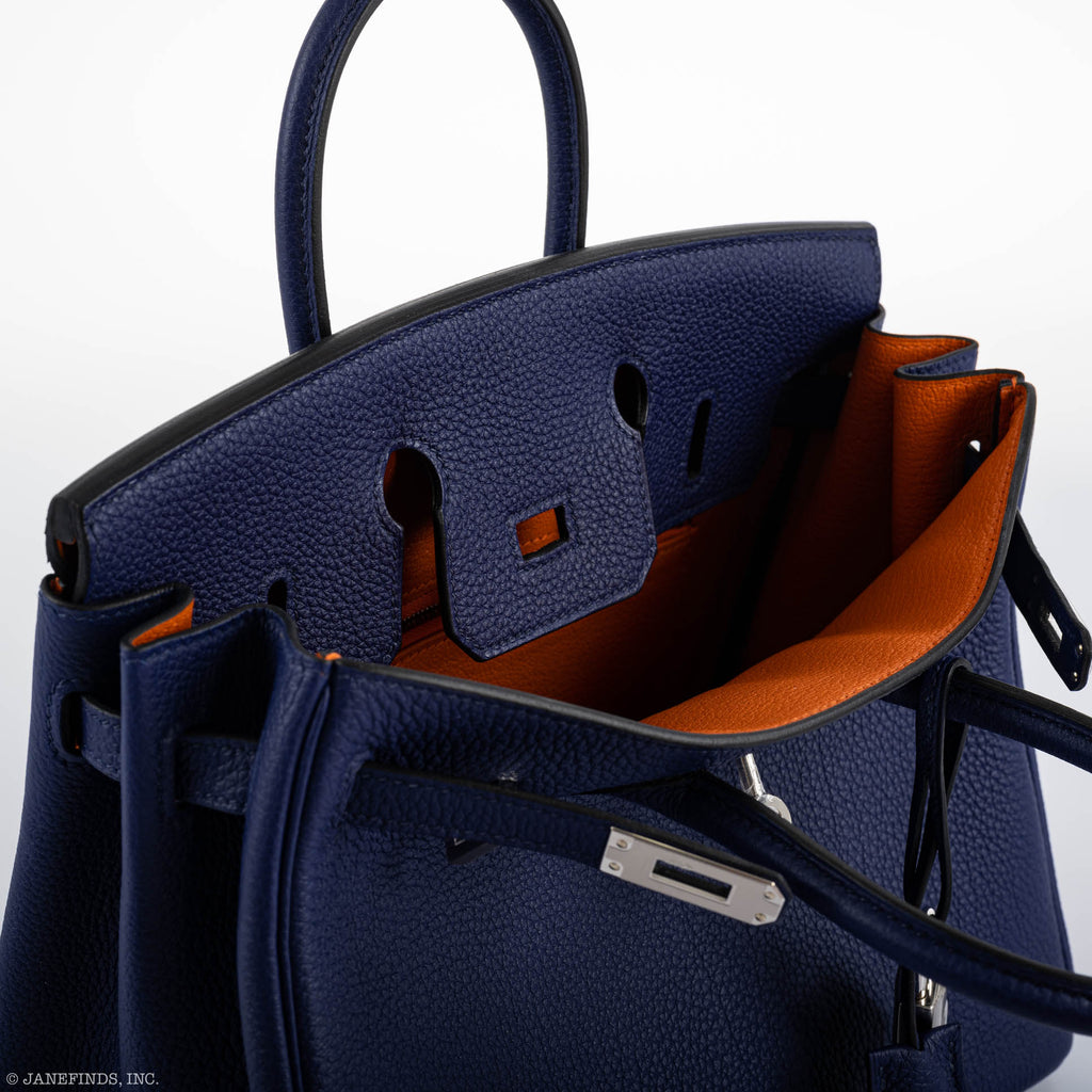 Hermes Birkin 25 Verso Blue Encre Togo & Orange H with Palladium Hardware