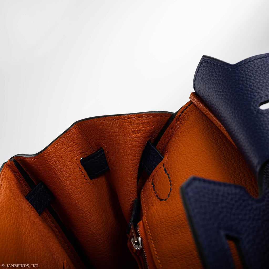 Hermes Birkin 25 Verso Blue Encre Togo & Orange H with Palladium Hardware