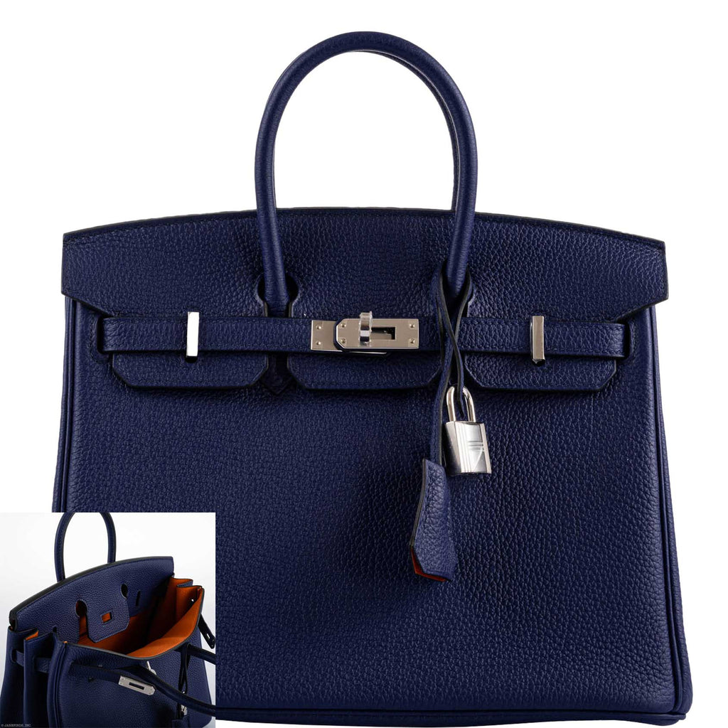 Hermes Birkin 25 Verso Blue Encre Togo & Orange H with Palladium Hardware