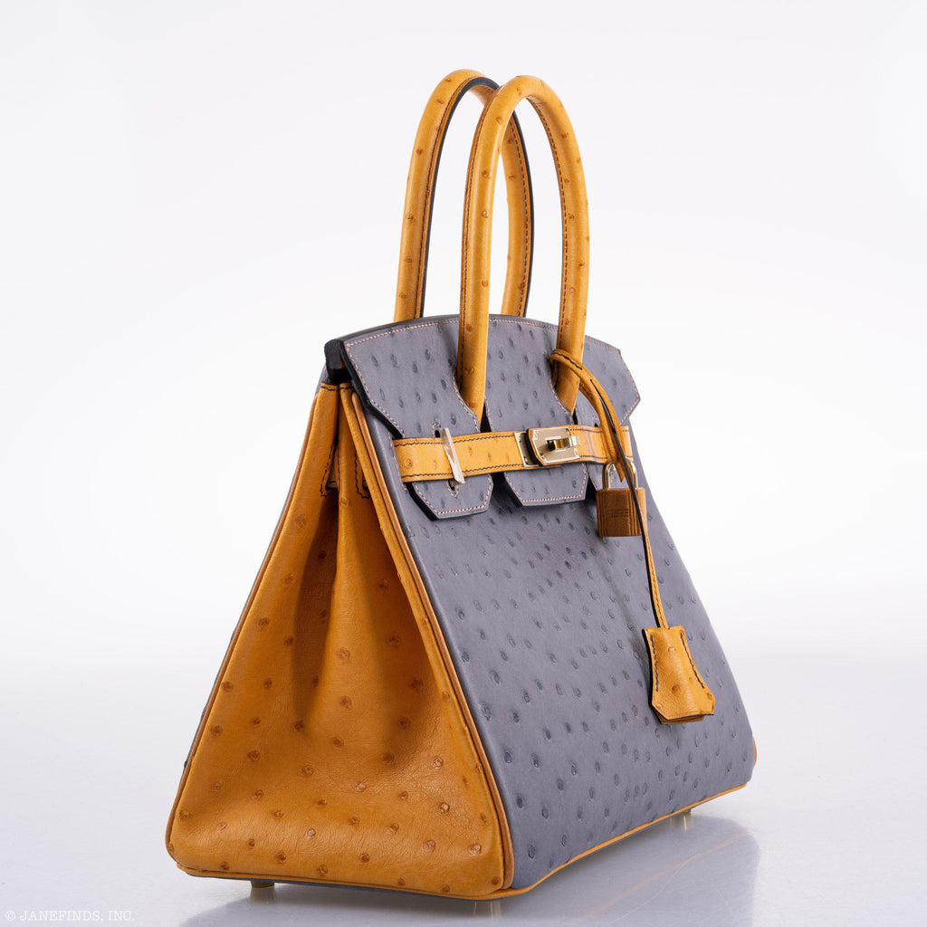 Hermes Birkin 30 HSS Gris Agate & Saffron Ostrich Gold Hardware