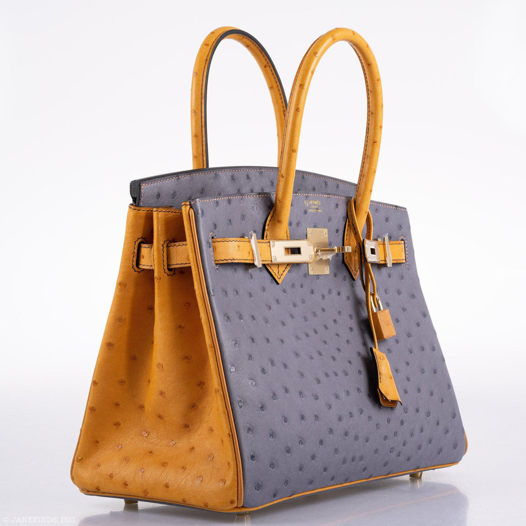 Hermes Birkin 30 HSS Gris Agate & Saffron Ostrich Gold Hardware