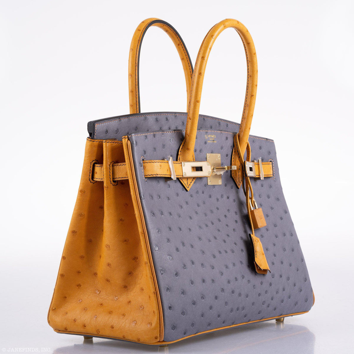 Hermes Birkin 30 HSS Gris Agate & Saffron Ostrich Gold Hardware