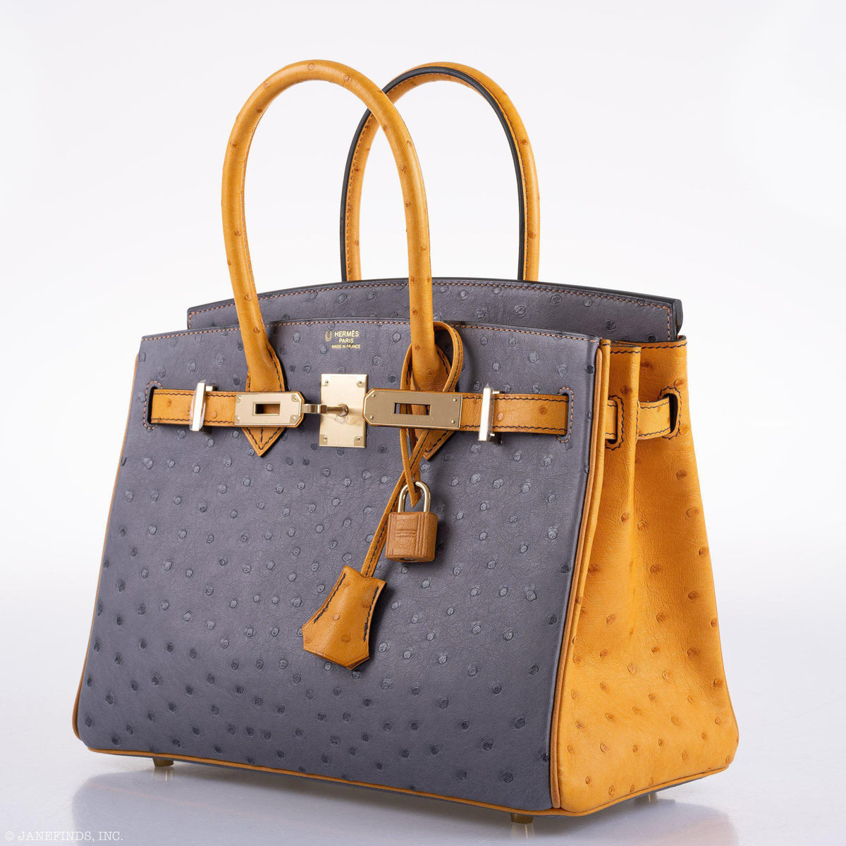 Hermes Birkin 30 HSS Gris Agate & Saffron Ostrich Gold Hardware