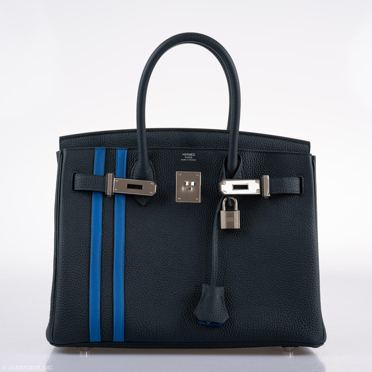Hermes Birkin 30 Officier Vert Cyprès Togo & Bleu Zellige Stripe & Lining Palladium Hardware