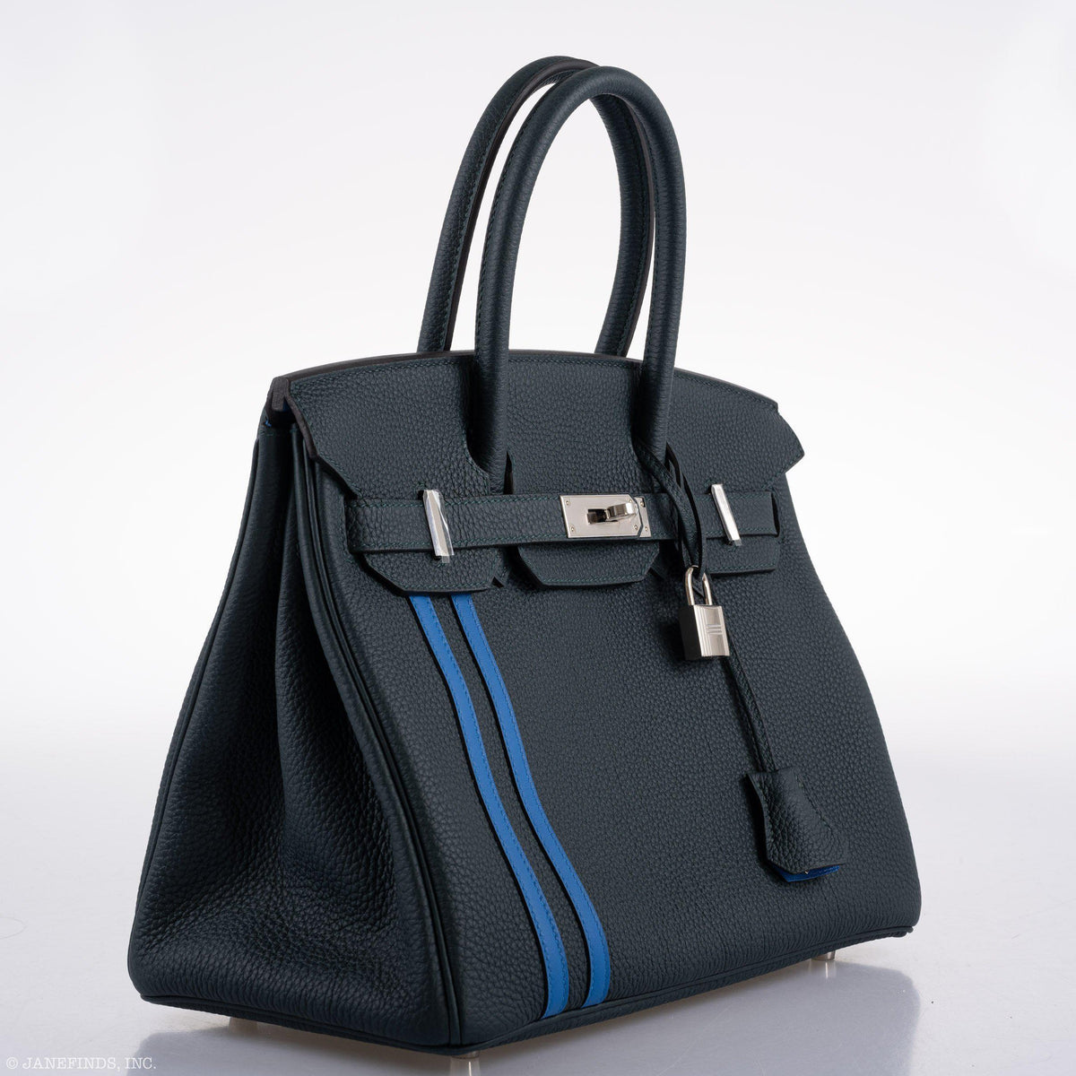 Hermes Birkin 30 Officier Vert Cyprès Togo & Bleu Zellige Stripe & Lining Palladium Hardware