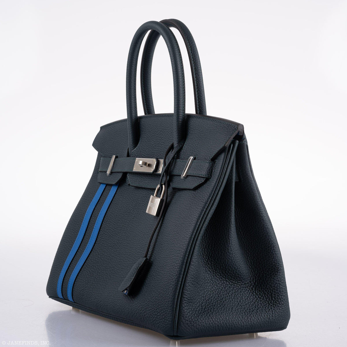 Hermes Birkin 30 Officier Vert Cyprès Togo & Bleu Zellige Stripe & Lining Palladium Hardware
