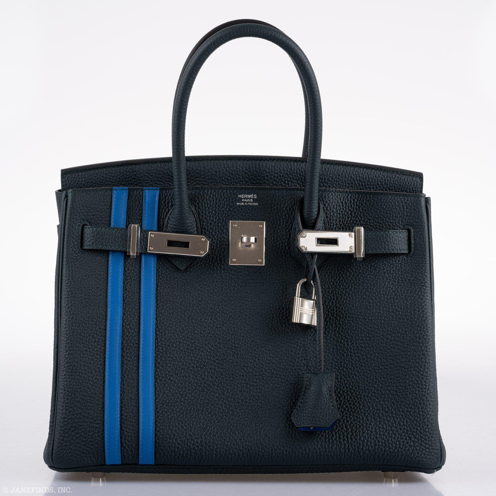 Hermes Birkin 30 Officier Vert Cyprès Togo & Bleu Zellige Stripe & Lining Palladium Hardware
