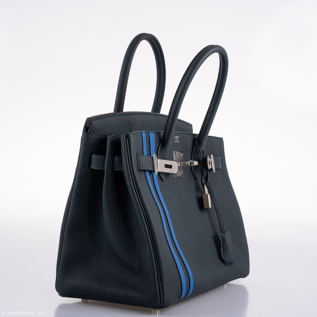 Hermes Birkin 30 Officier Vert Cyprès Togo & Bleu Zellige Stripe & Lining Palladium Hardware