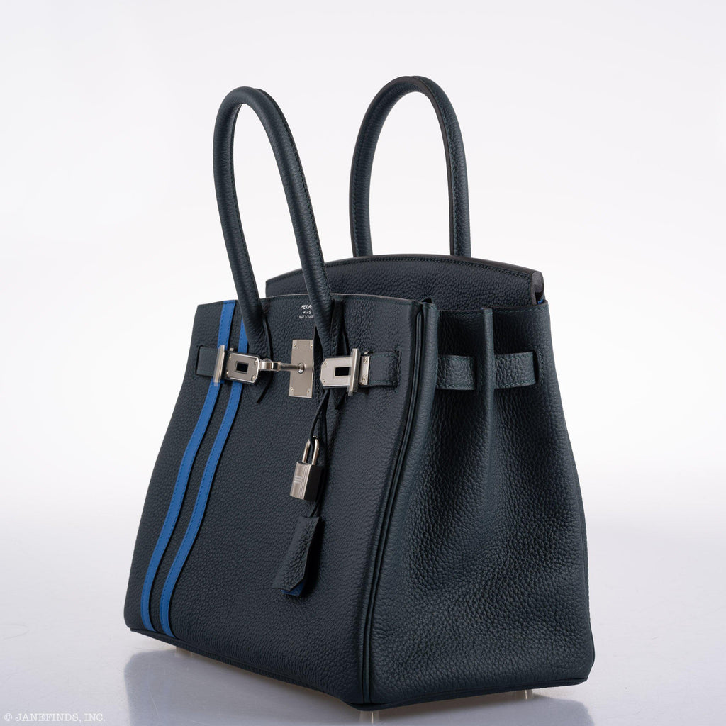 Hermes Birkin 30 Officier Vert Cyprès Togo & Bleu Zellige Stripe & Lining Palladium Hardware