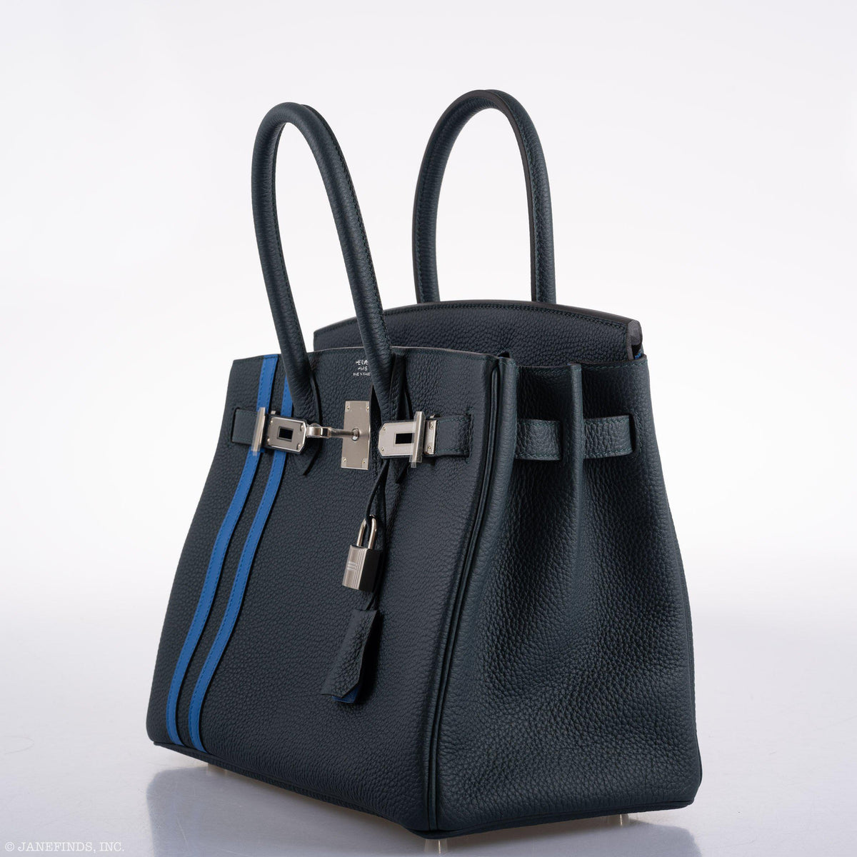 Hermes Birkin 30 Officier Vert Cyprès Togo & Bleu Zellige Stripe & Lining Palladium Hardware