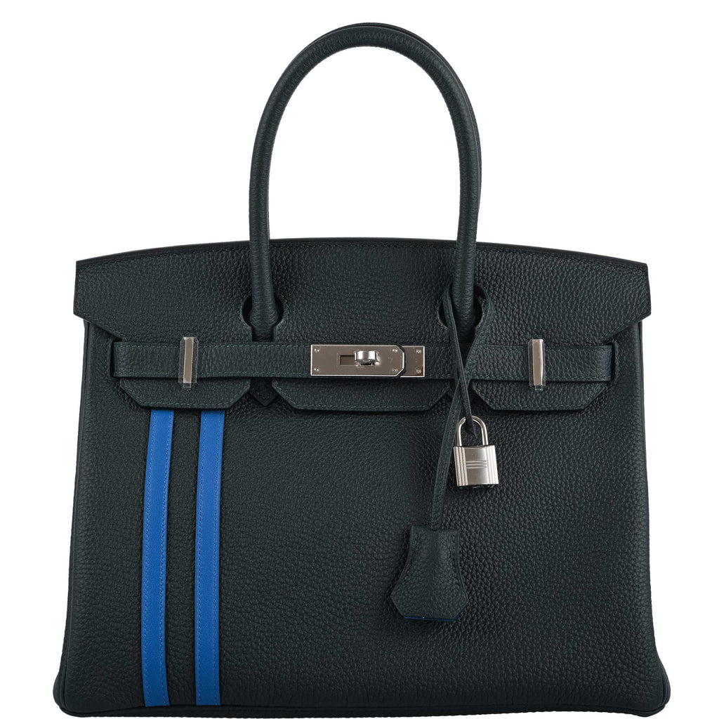 Hermes Birkin 30 Officier Vert Cyprès Togo & Bleu Zellige Stripe & Lining Palladium Hardware