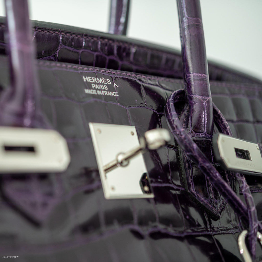 Hermes Birkin 35 Amethyst Porosus Crocodile with Palladium Hardware