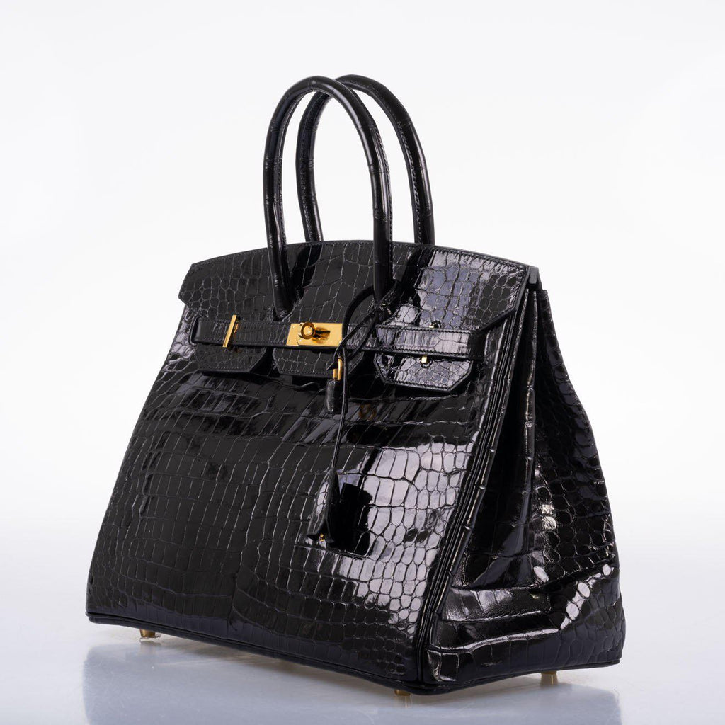 Hermes Birkin 35 Black Shiny Porosus Crocodile with Gold Hardware