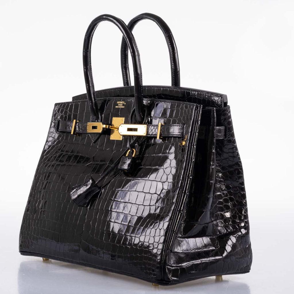 Hermes Birkin 35 Black Shiny Porosus Crocodile with Gold Hardware