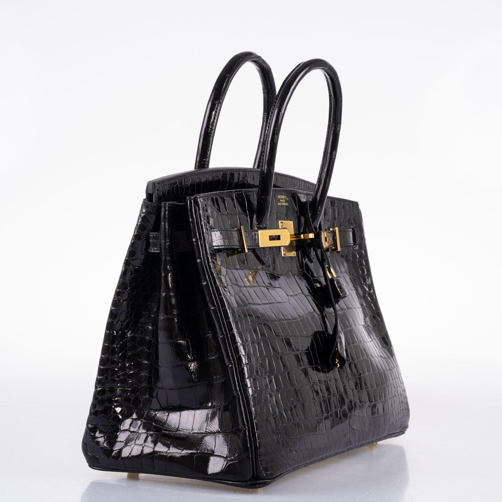 Hermes Birkin 35 Black Shiny Porosus Crocodile with Gold Hardware