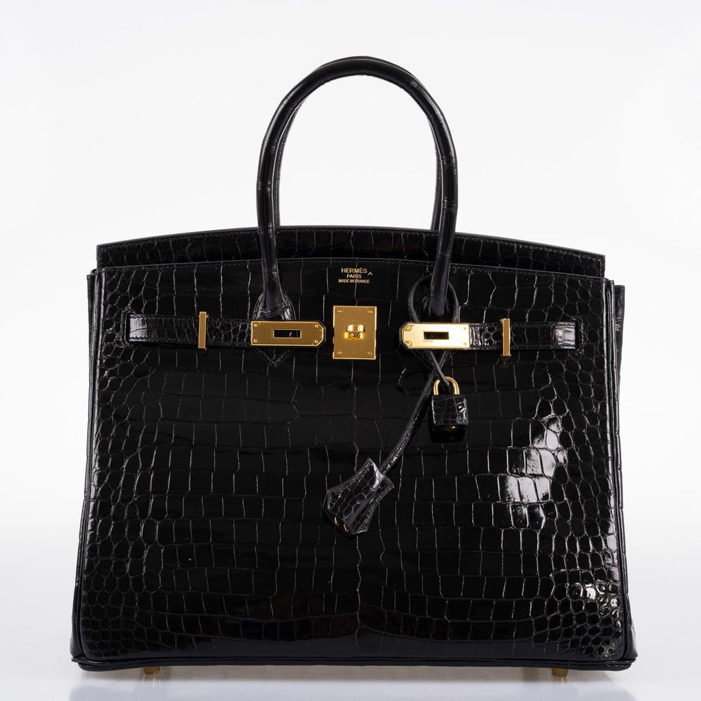 Hermes Birkin 35 Black Shiny Porosus Crocodile with Gold Hardware