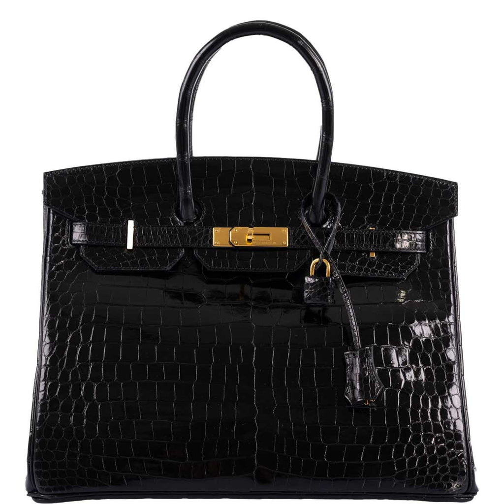 Hermes Birkin 35 Black Shiny Porosus Crocodile with Gold Hardware