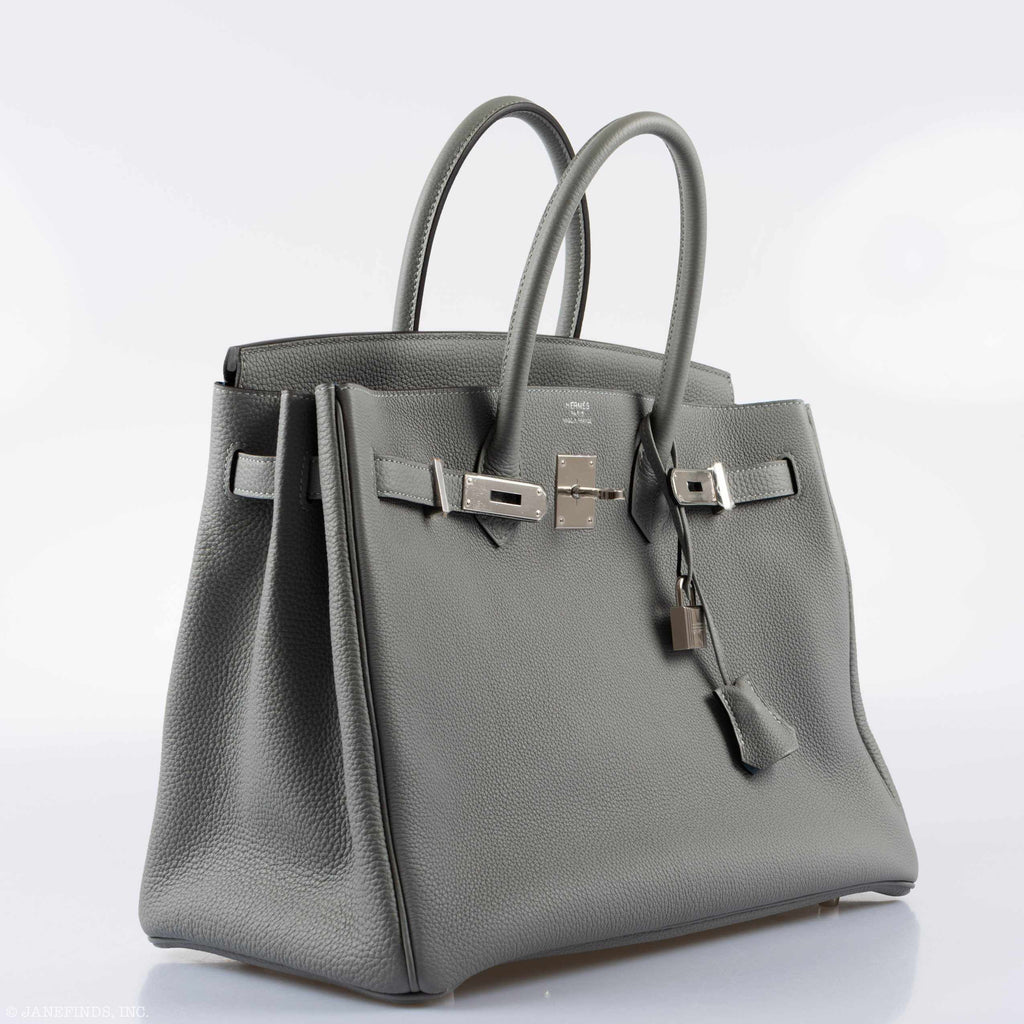 Hermes Birkin 35 Gris Mouette Verso Blue Agate Togo Palladium Hardware
