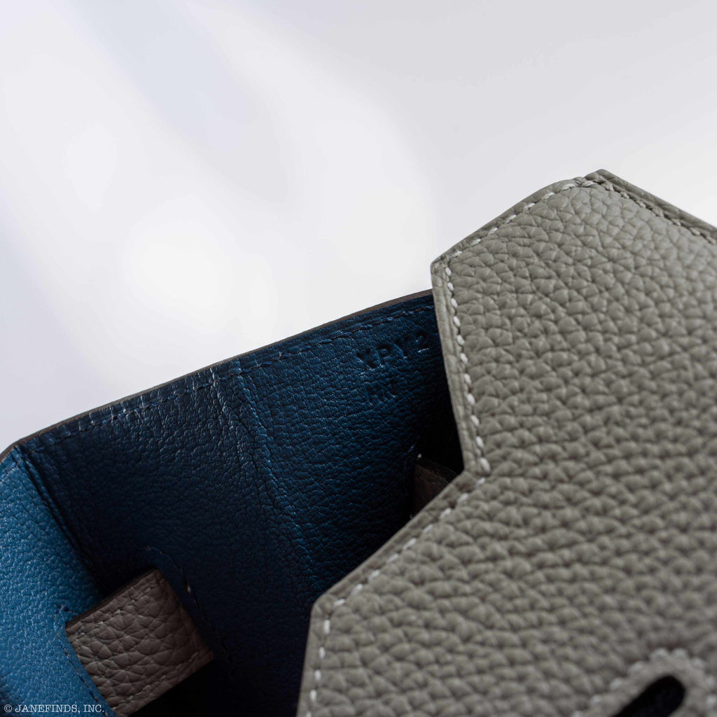 Hermes Birkin 35 Gris Mouette Verso Blue Agate Togo Palladium Hardware