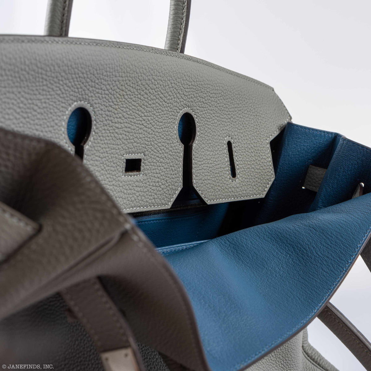 Hermes Birkin 35 Gris Mouette Verso Blue Agate Togo Palladium Hardware