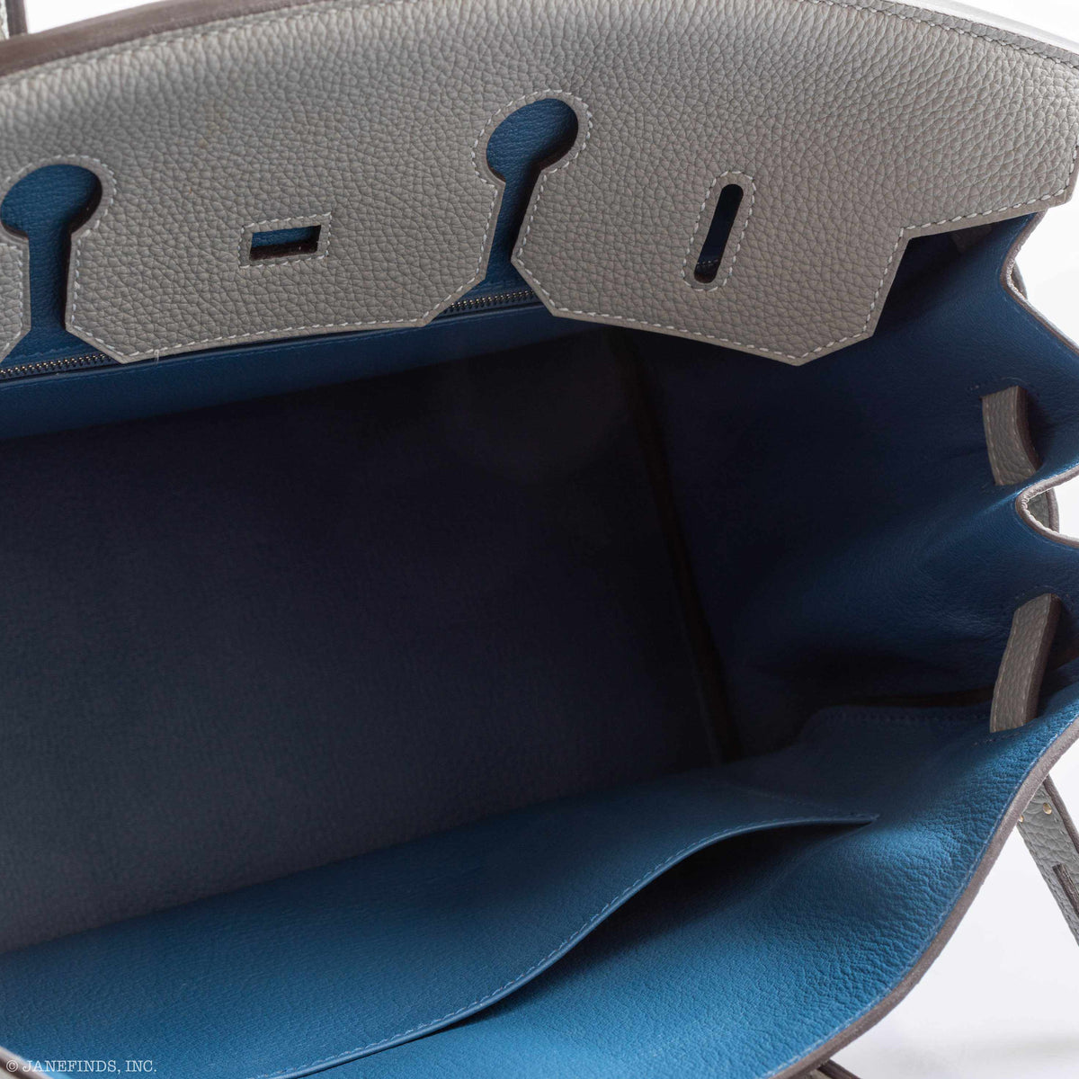 Hermes Birkin 35 Gris Mouette Verso Blue Agate Togo Palladium Hardware