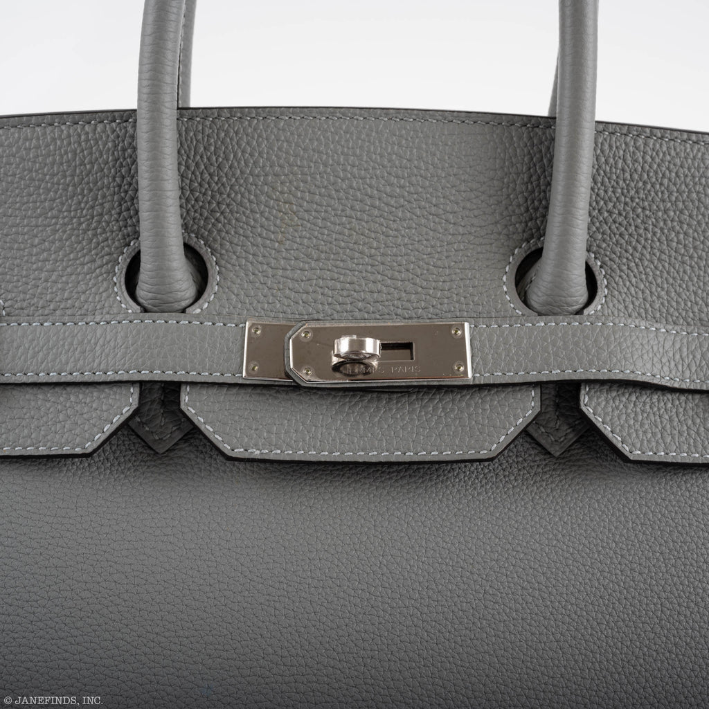 Hermes Birkin 35 Gris Mouette Verso Blue Agate Togo Palladium Hardware