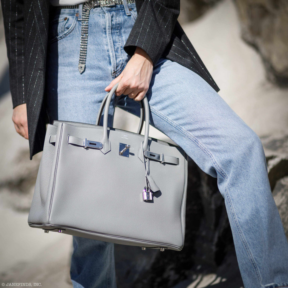 Hermes Birkin 35 Gris Mouette Verso Blue Agate Togo Palladium Hardware