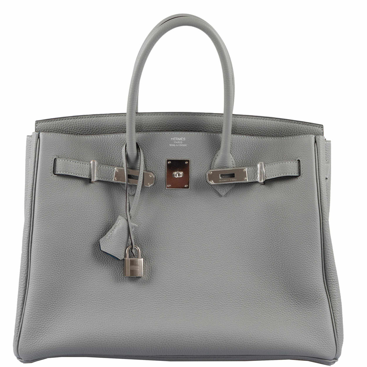 Hermes Birkin 35 Gris Mouette Verso Blue Agate Togo Palladium Hardware