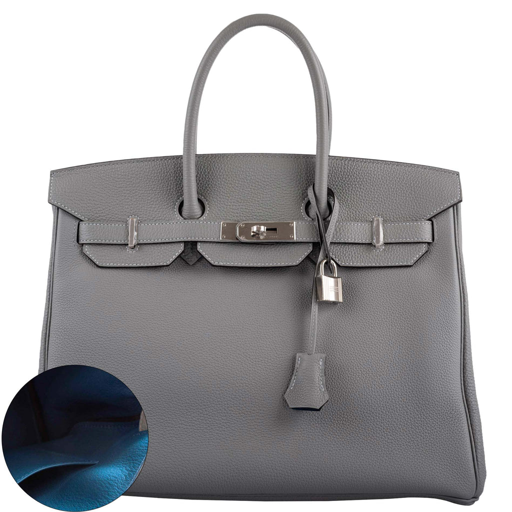 Hermes Birkin 35 Gris Mouette Verso Blue Agate Togo Palladium Hardware
