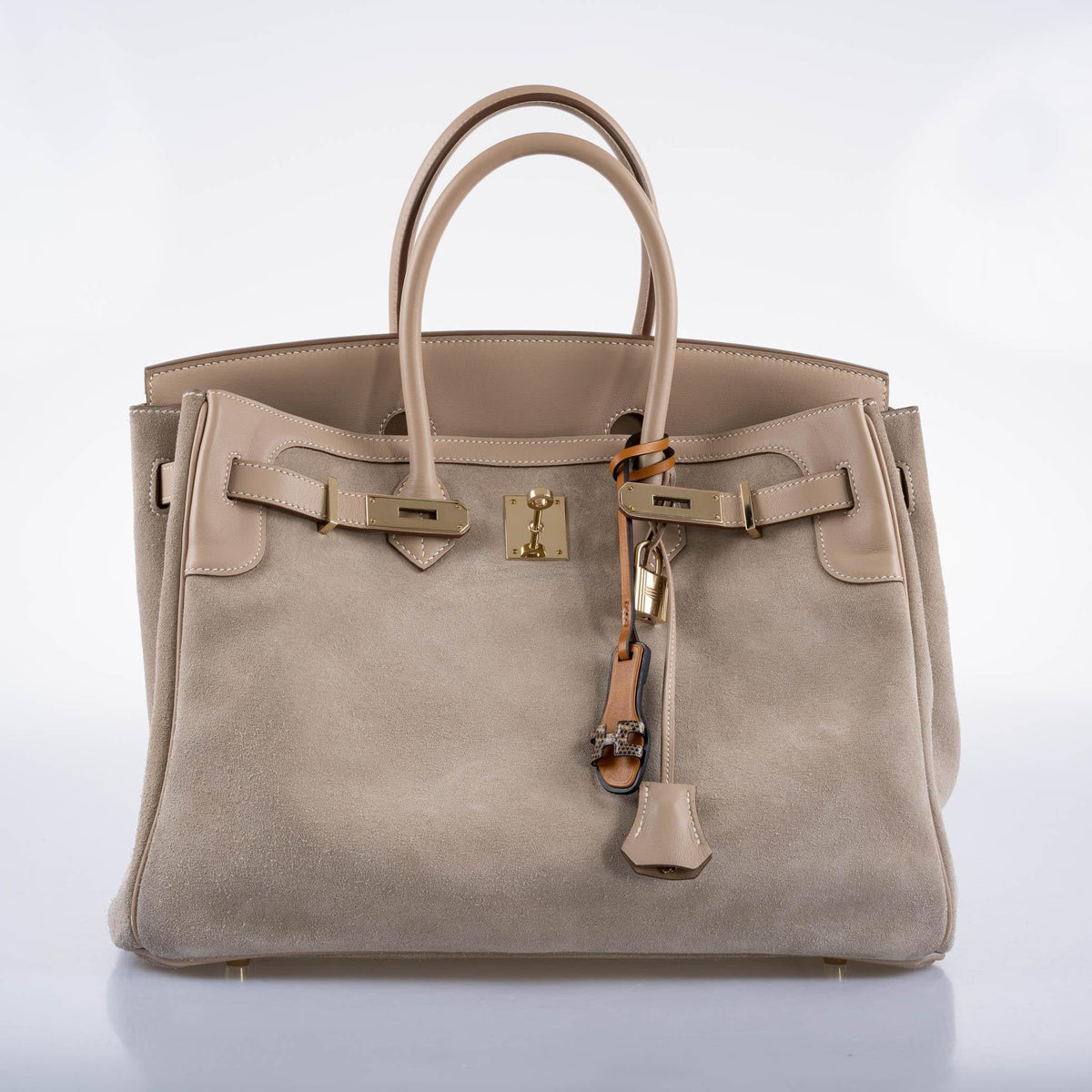 Hermes Birkin 35 Grizzly Argile Veau Doblis Suede & Swift Permabrass Hardware