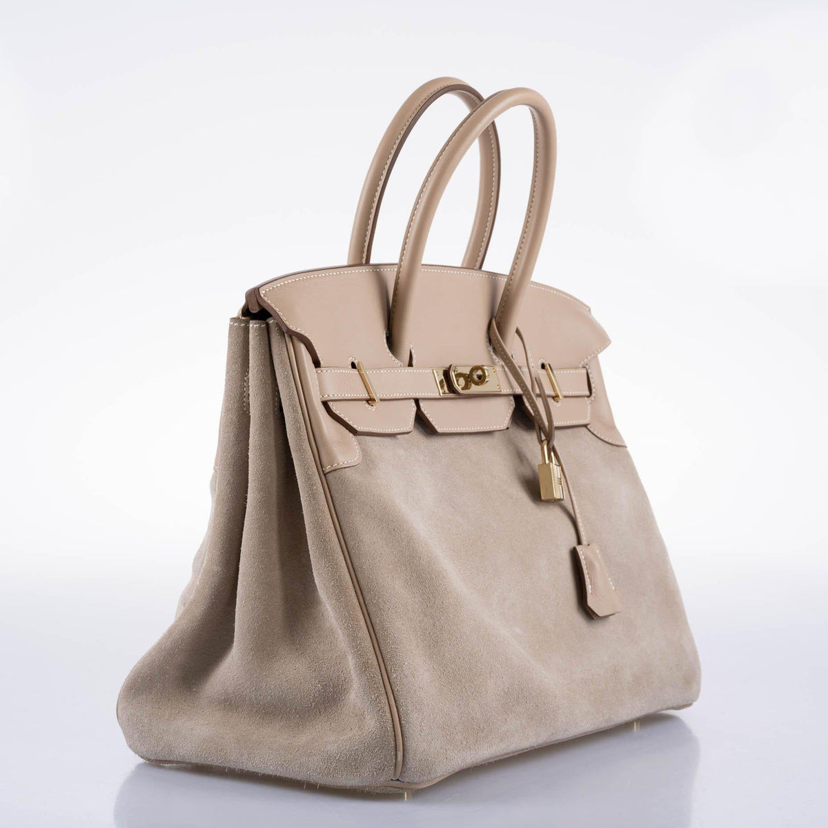 Hermes Birkin 35 Grizzly Argile Veau Doblis Suede & Swift Permabrass Hardware