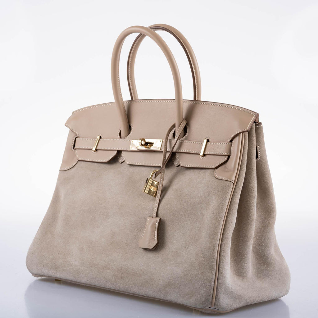 Hermes Birkin 35 Grizzly Argile Veau Doblis Suede & Swift Permabrass Hardware