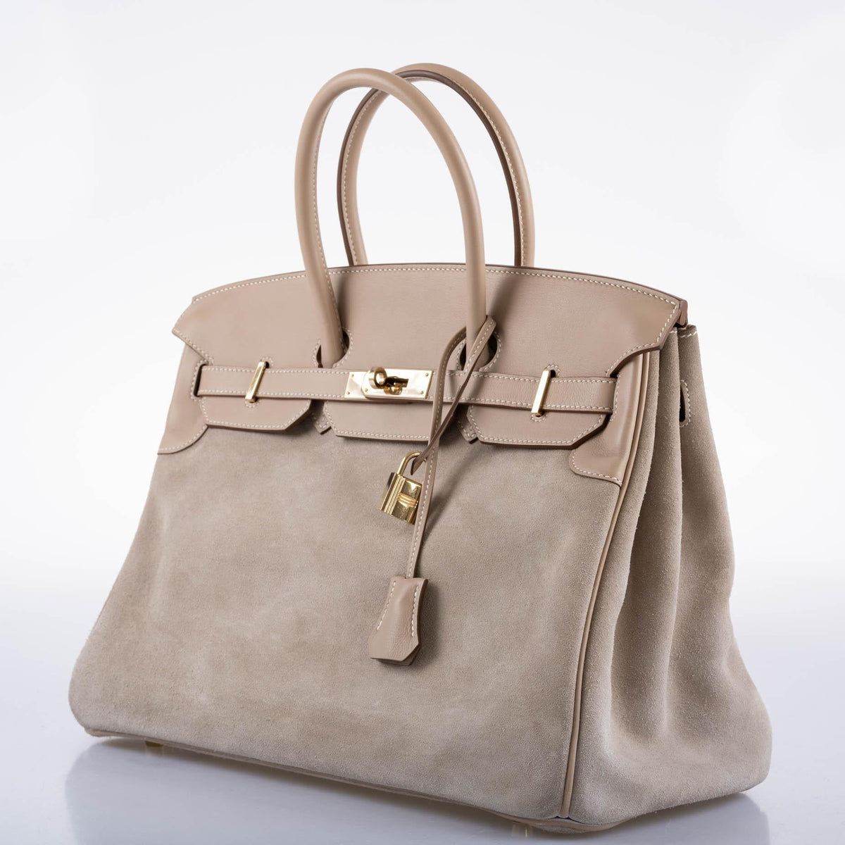 Hermes Birkin 35 Grizzly Argile Veau Doblis Suede & Swift Permabrass Hardware