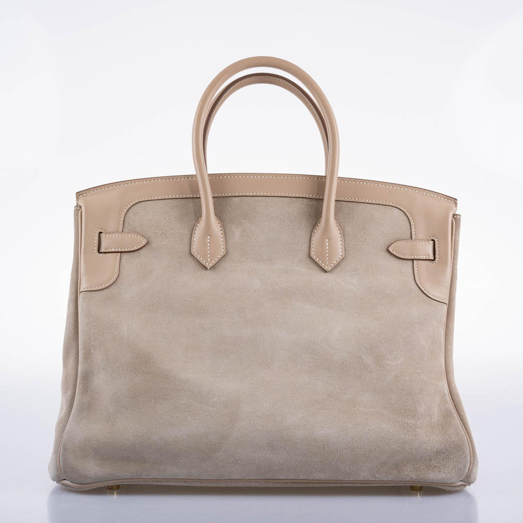 Hermes Birkin 35 Grizzly Argile Veau Doblis Suede & Swift Permabrass Hardware