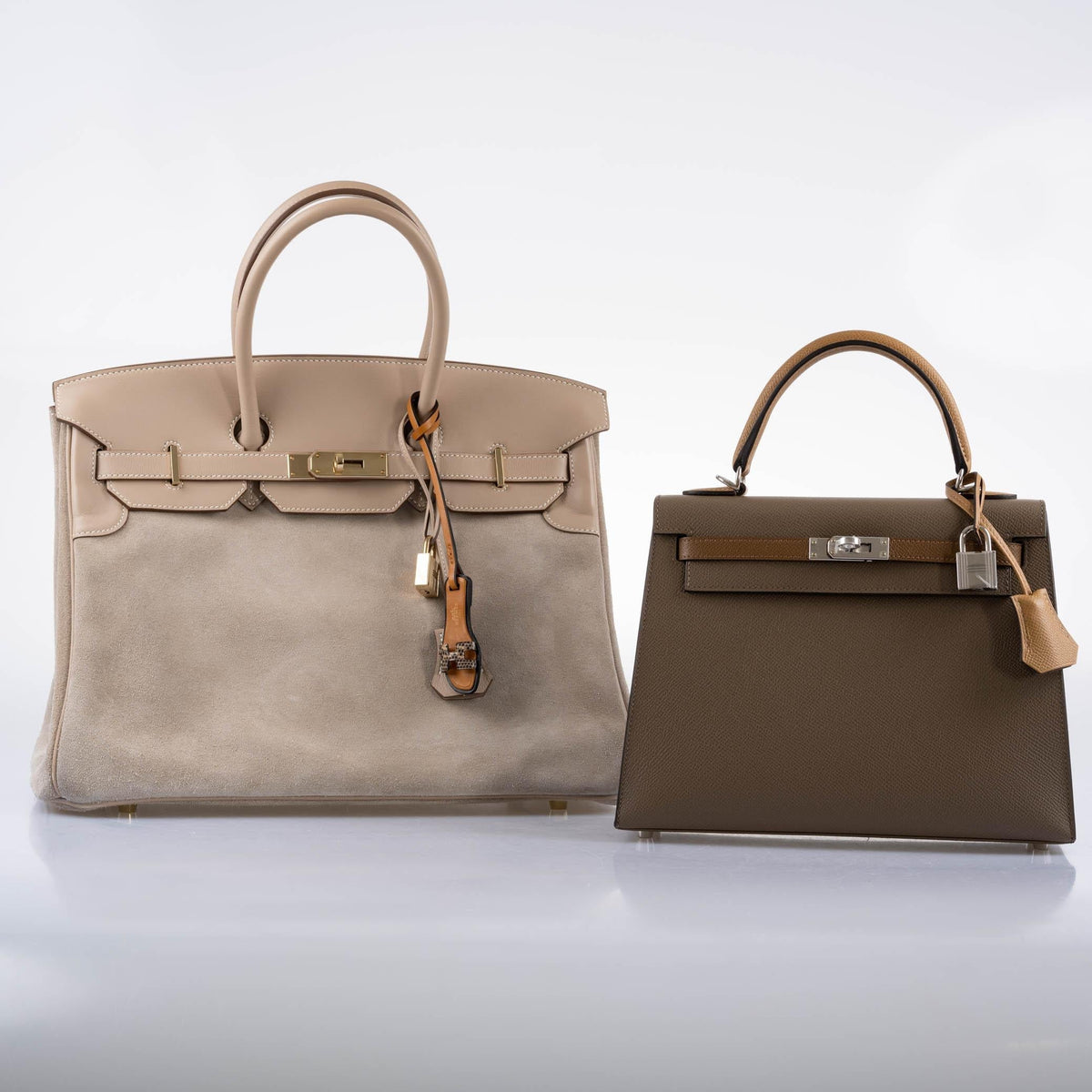 Hermes Birkin 35 Grizzly Argile Veau Doblis Suede & Swift Permabrass Hardware