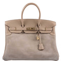 Hermes Birkin 35 Grizzly Argile Veau Doblis Suede & Swift Permabrass Hardware