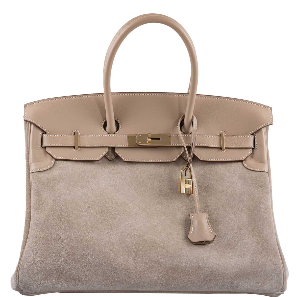 Hermes Birkin 35 Grizzly Argile Veau Doblis Suede & Swift Permabrass Hardware
