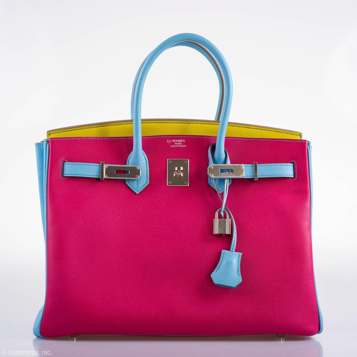 Hermes Birkin 35 HSS Rose Tyrien, Blue Celeste, Lime Epsom Palladium Hardware