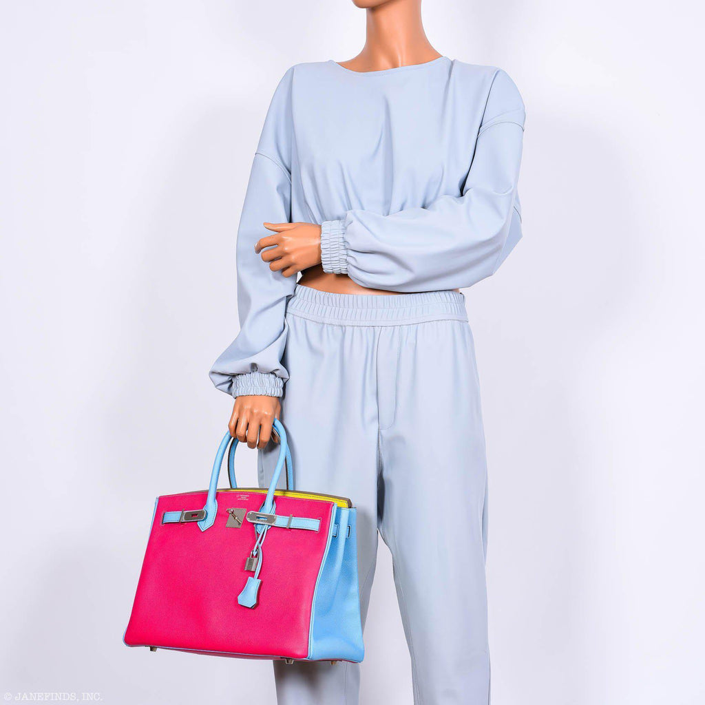 Hermes Birkin 35 HSS Rose Tyrien, Blue Celeste, Lime Epsom Palladium Hardware