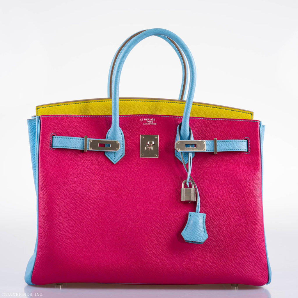 Hermes Birkin 35 HSS Rose Tyrien, Blue Celeste, Lime Epsom Palladium Hardware